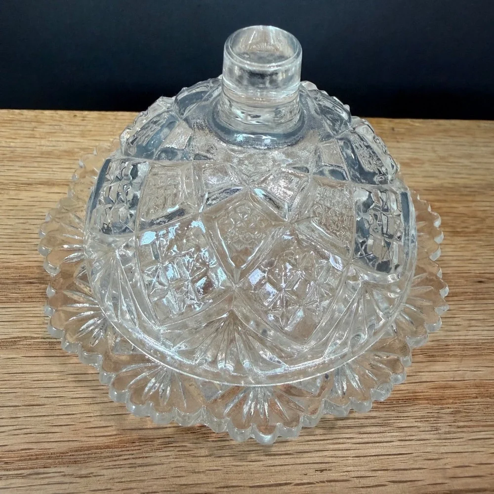 Vintage Miniature Clear Pressed Glass Covered Butter Pat Dish Diamond & Sunburst